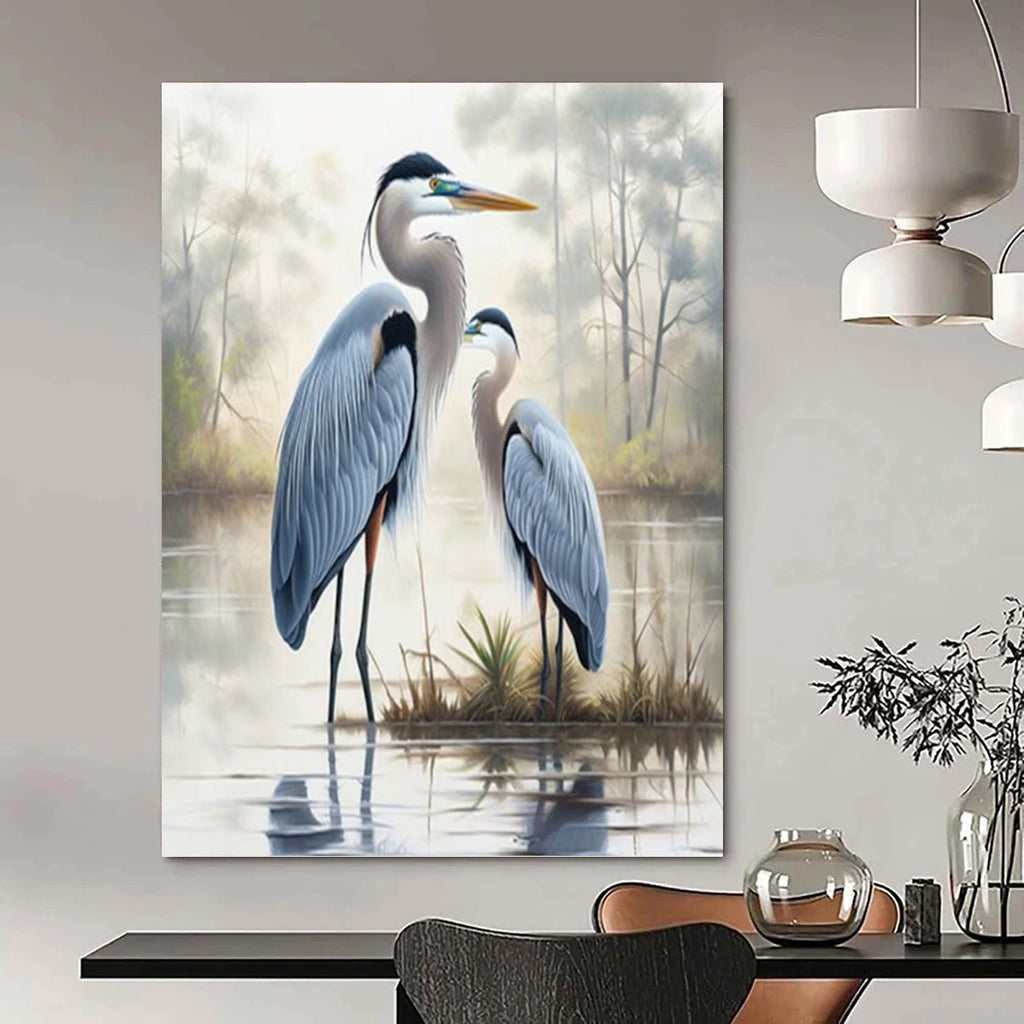 “Blue Herons in Mist” - Realist - Inspired Wildlife Painting On Canvas PT1400