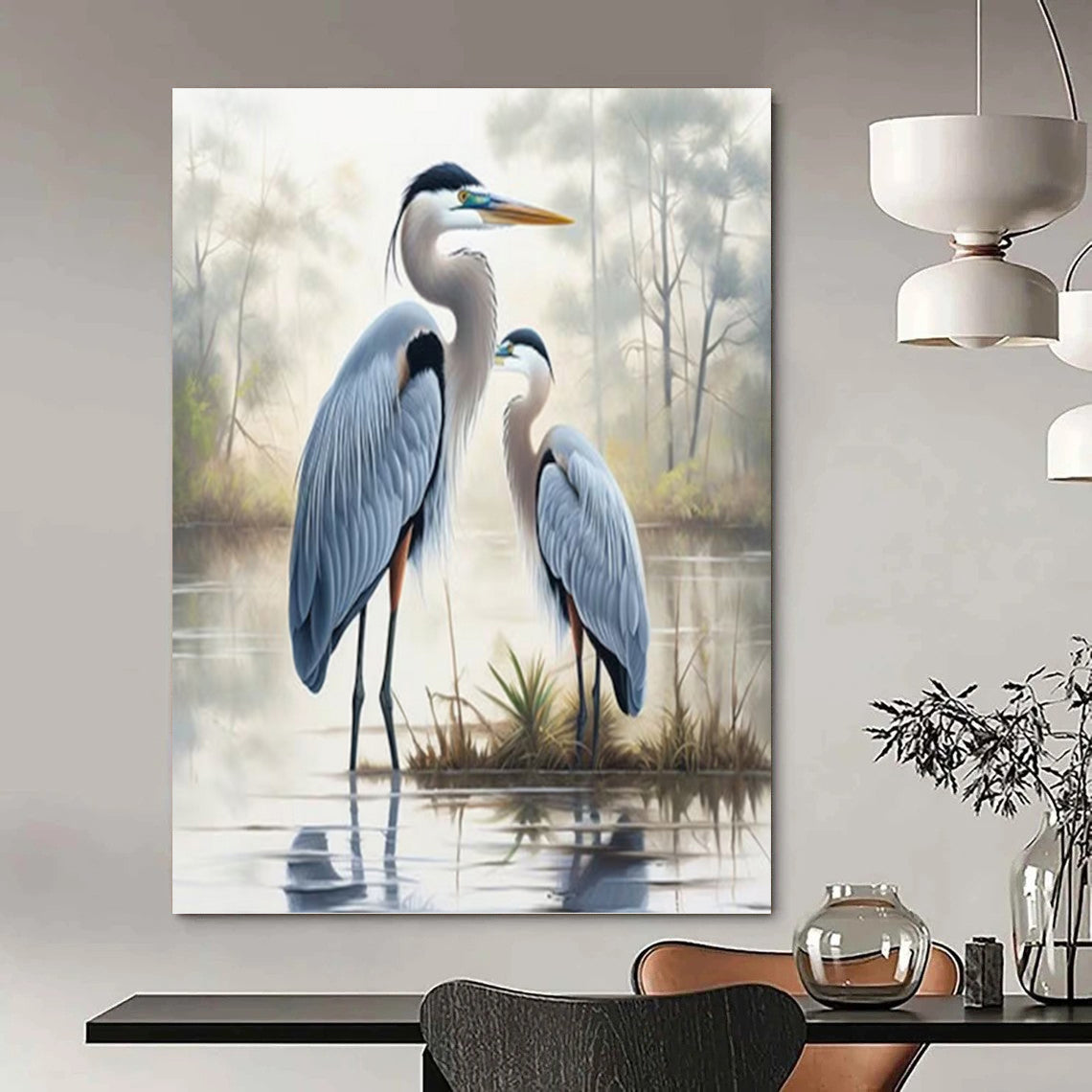 “Blue Herons in Mist” - Realist - Inspired Wildlife Painting On Canvas PT1400