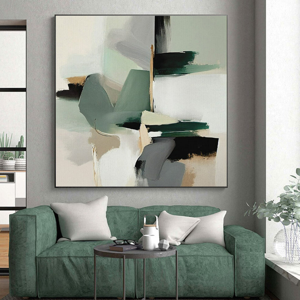 “Mint & Gray Abstract Composition” - Mint, Gray, White, Black Abstract Painting On Canvas PS0760