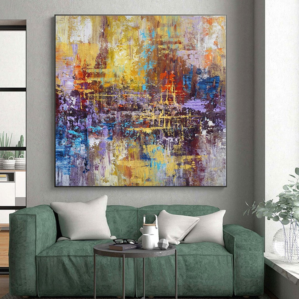 “Vibrant Urban Abstraction” - Yellow, Blue, Purple Abstract Cityscape Painting On Canvas PS0545