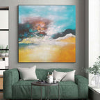 “Turquoise - Yellow Abstract Landscape” - Turquoise, Yellow, Brown Abstract Painting On Canvas PS0474