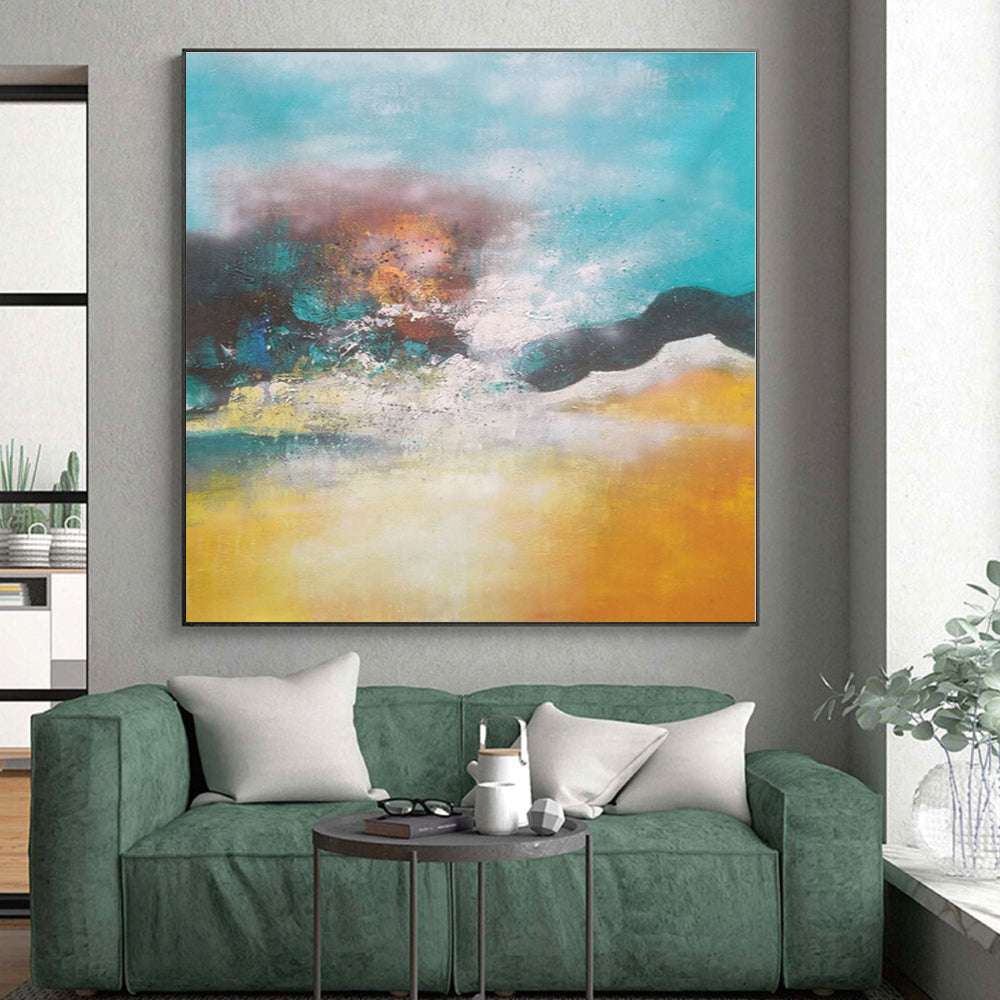 “Turquoise - Yellow Abstract Landscape” - Turquoise, Yellow, Brown Abstract Painting On Canvas PS0474