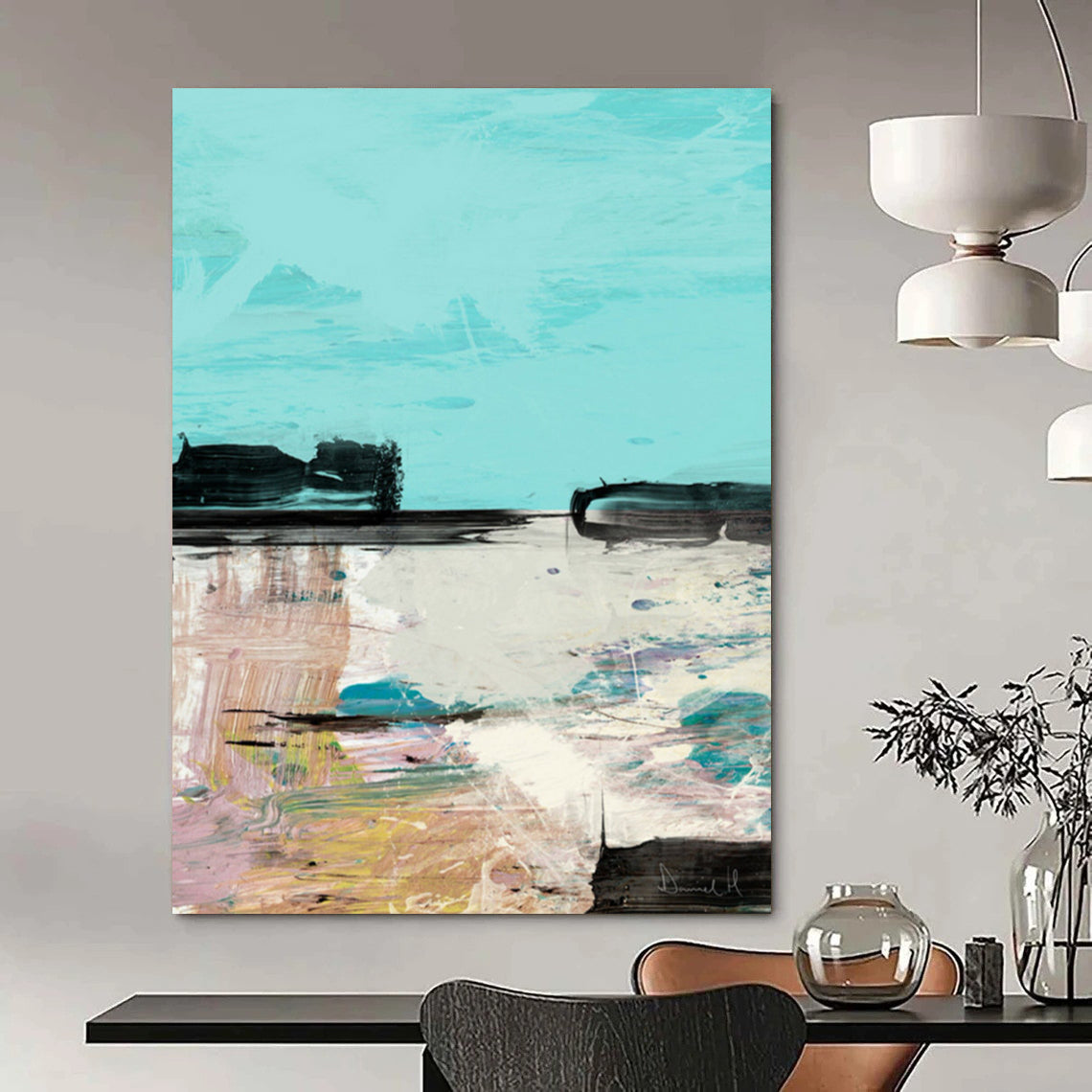 “Abstract Coastal Scene” - Turquoise Sky & Colorful Shoreline Painting On Canvas DS197
