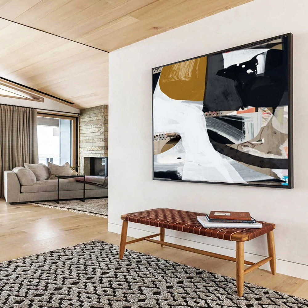 “Abstract Collage with Gold, Black, and White” - Mixed - Media Abstract Painting On Canvas PT127