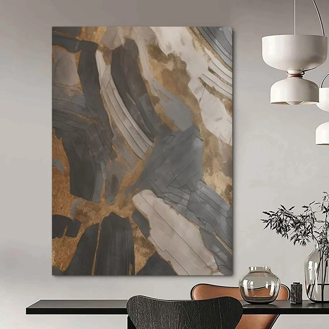 “Gold - Accented Geometry” - Dark Shapes & Metallic Highlights Painting On Canvas DS137