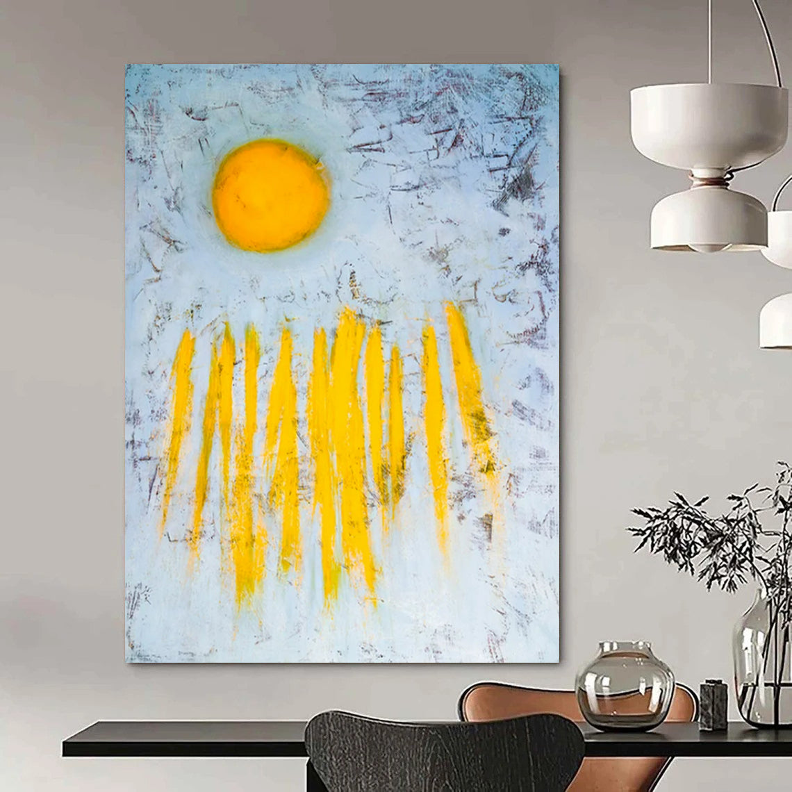 “Yellow Sun and Rays” - Abstract Landscape Painting On Canvas PT2377