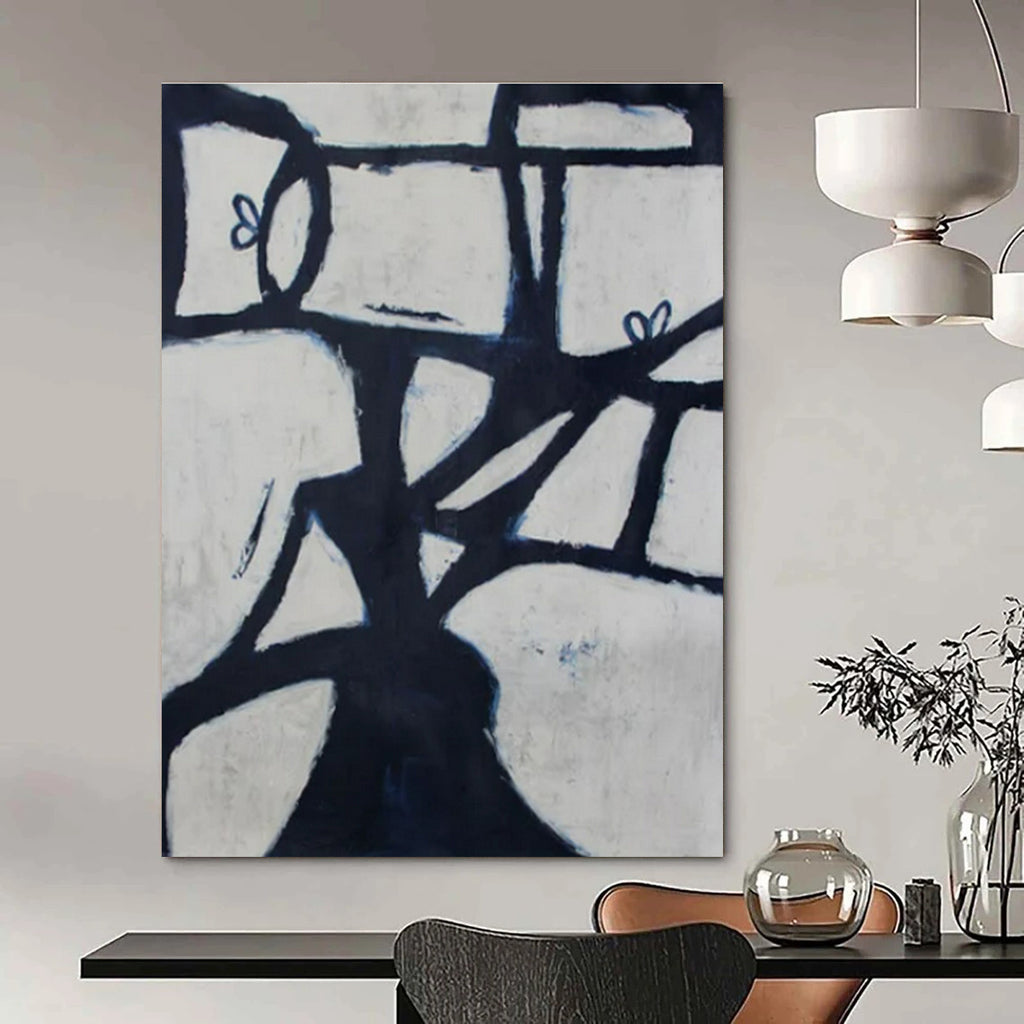 Black, White, Blue with Geometric Forms "Abstract Arbor" Abstract Painting On Canvas PS1418