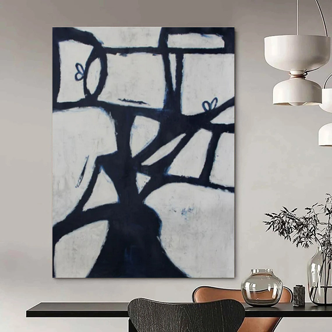 Black, White, Blue with Geometric Forms "Abstract Arbor" Abstract Painting On Canvas PS1418