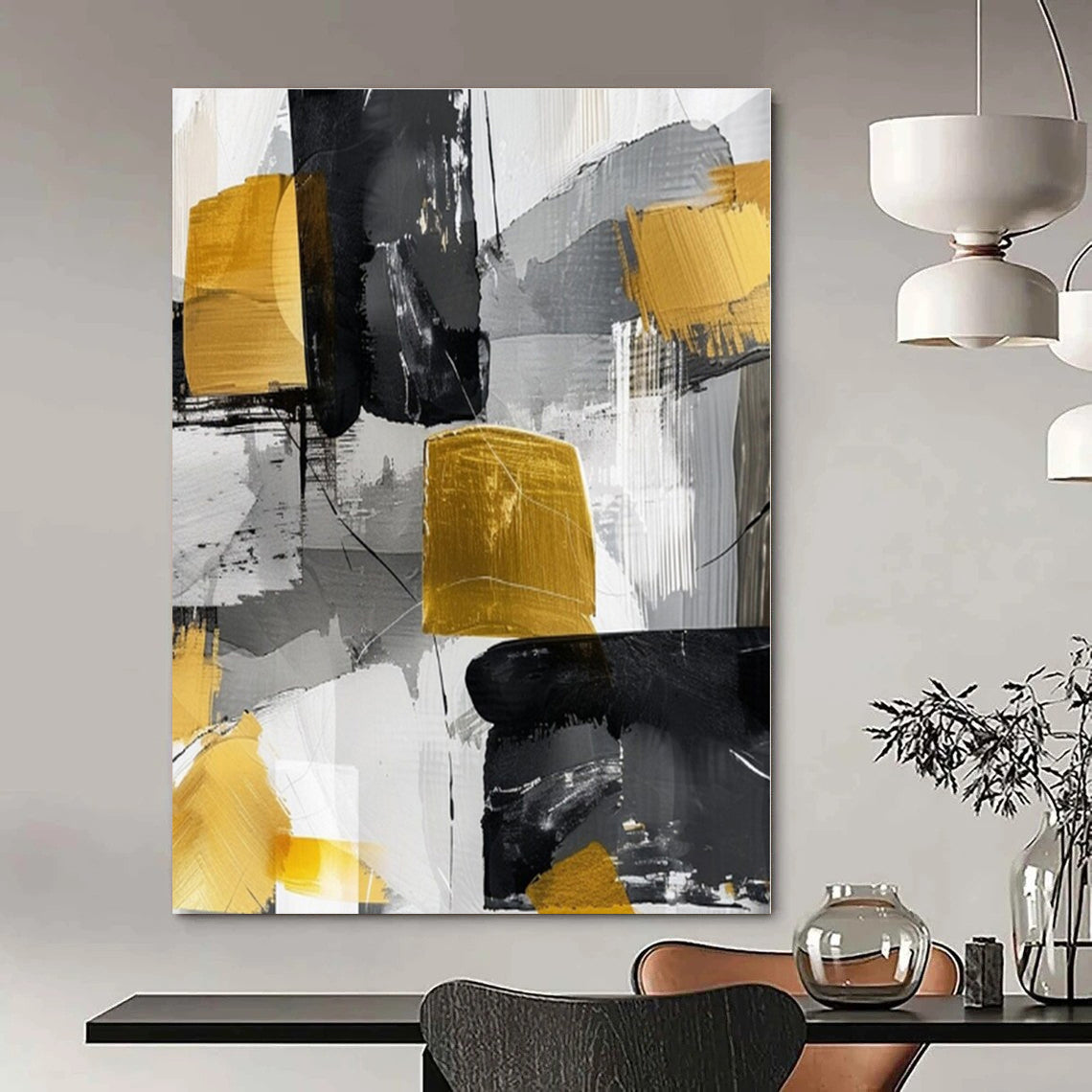 Gray, Gold, Black with Abstract Blocks "Gilded Geometry" Abstract Painting On Canvas PS1279