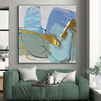 “Blue - Gold Geometric Flair” - Blue, Gold, Gray Abstract Painting On Canvas PS0499