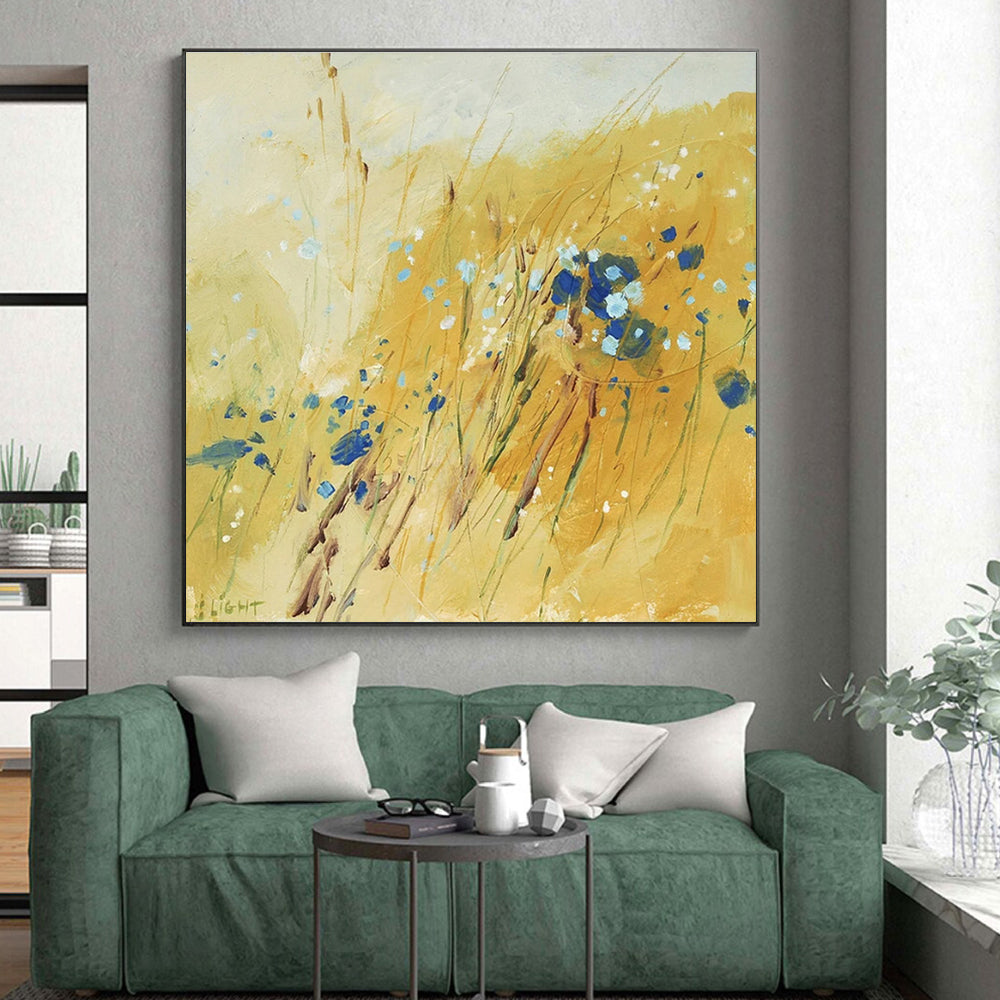 “Golden Field with Blues” - Yellow, Blue Abstract Impressionist Painting On Canvas PS0707