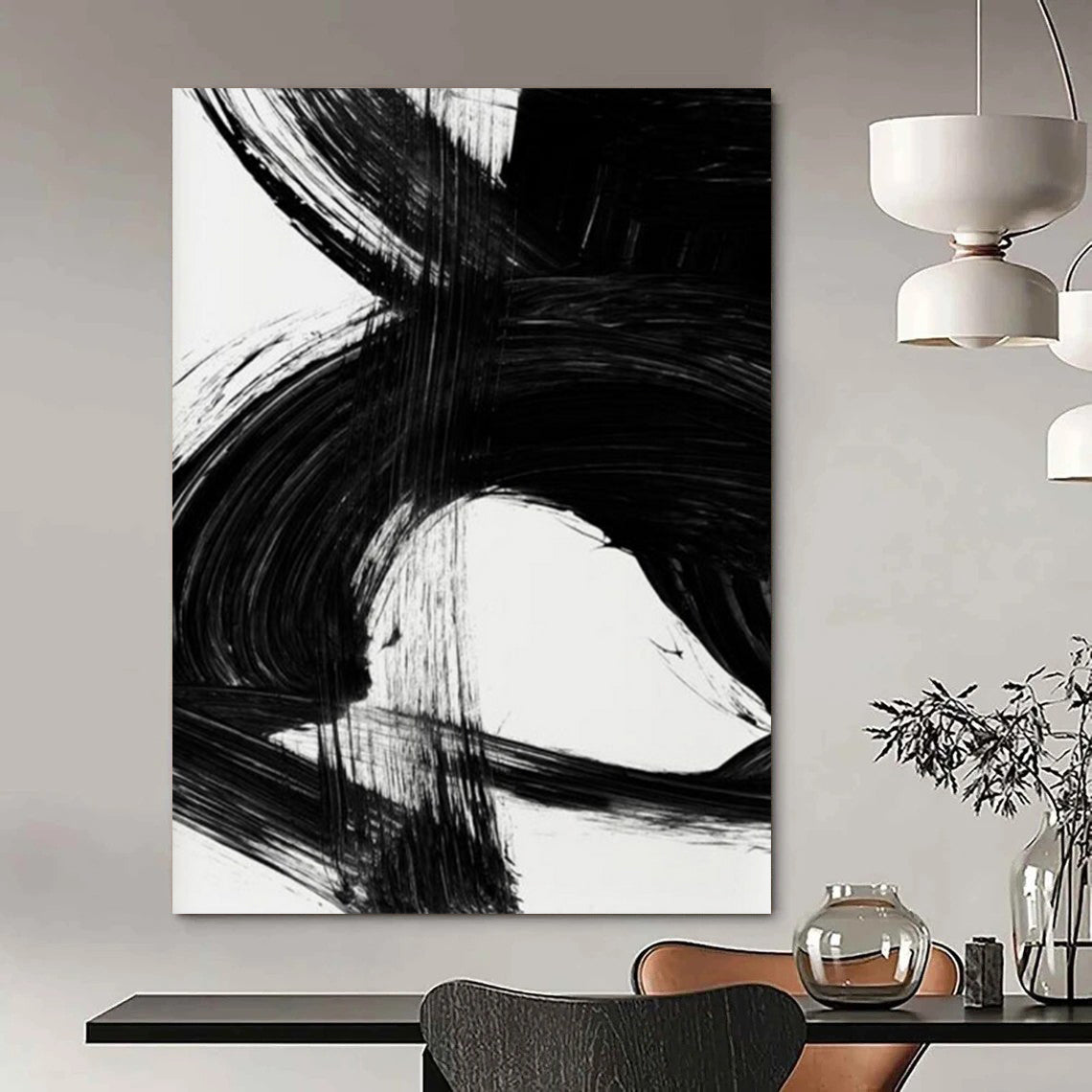 “Swirling Black Ink” - Intricate, Curved Strokes on White Canvas Painting On Canvas DS196