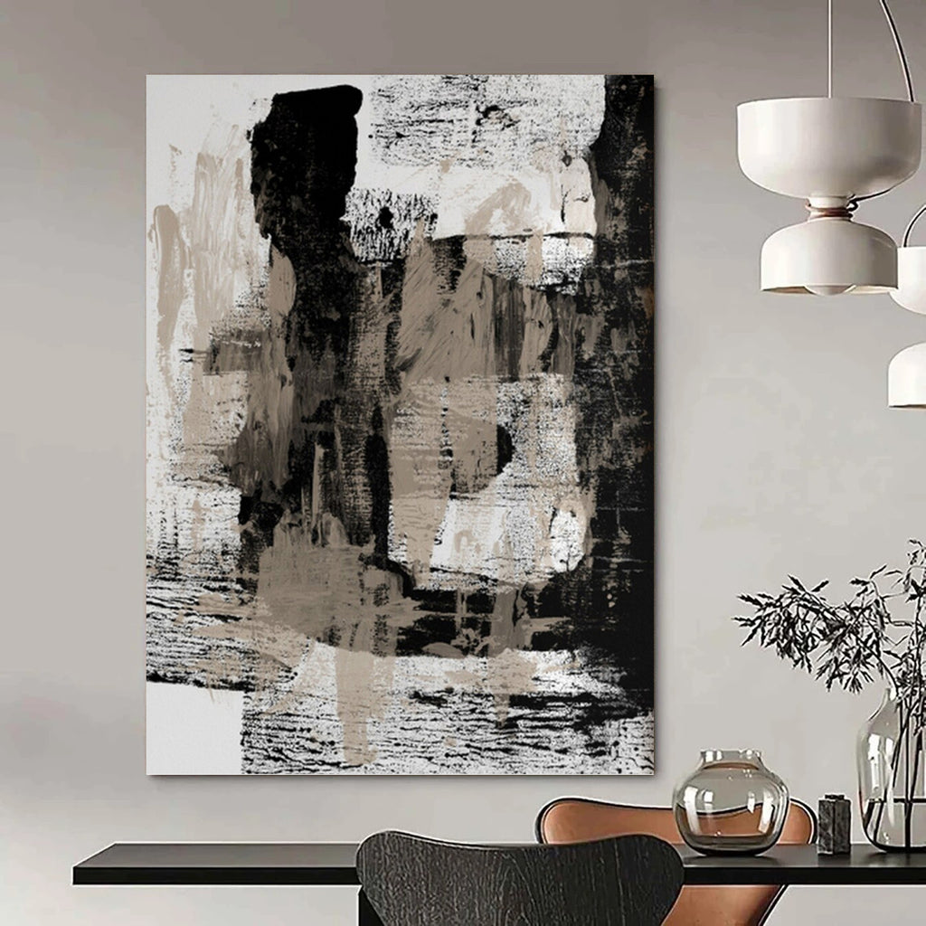 “Monochrome Textures II: Black, White, and Beige Abstract” - Dynamic Minimalist Art On Canvas PT0967