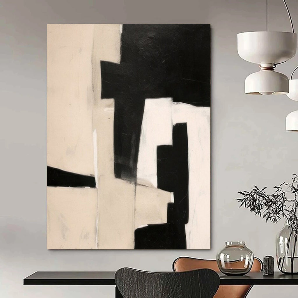 Monochromatic, "Black and Beige Blocks" – Abstract Geometric Painting On Canvas PS1038