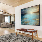 “Tranquil Blue Sea” - Blue, Gray & Gold Seascape, Impressionistic Oil Painting On Canvas DKS771