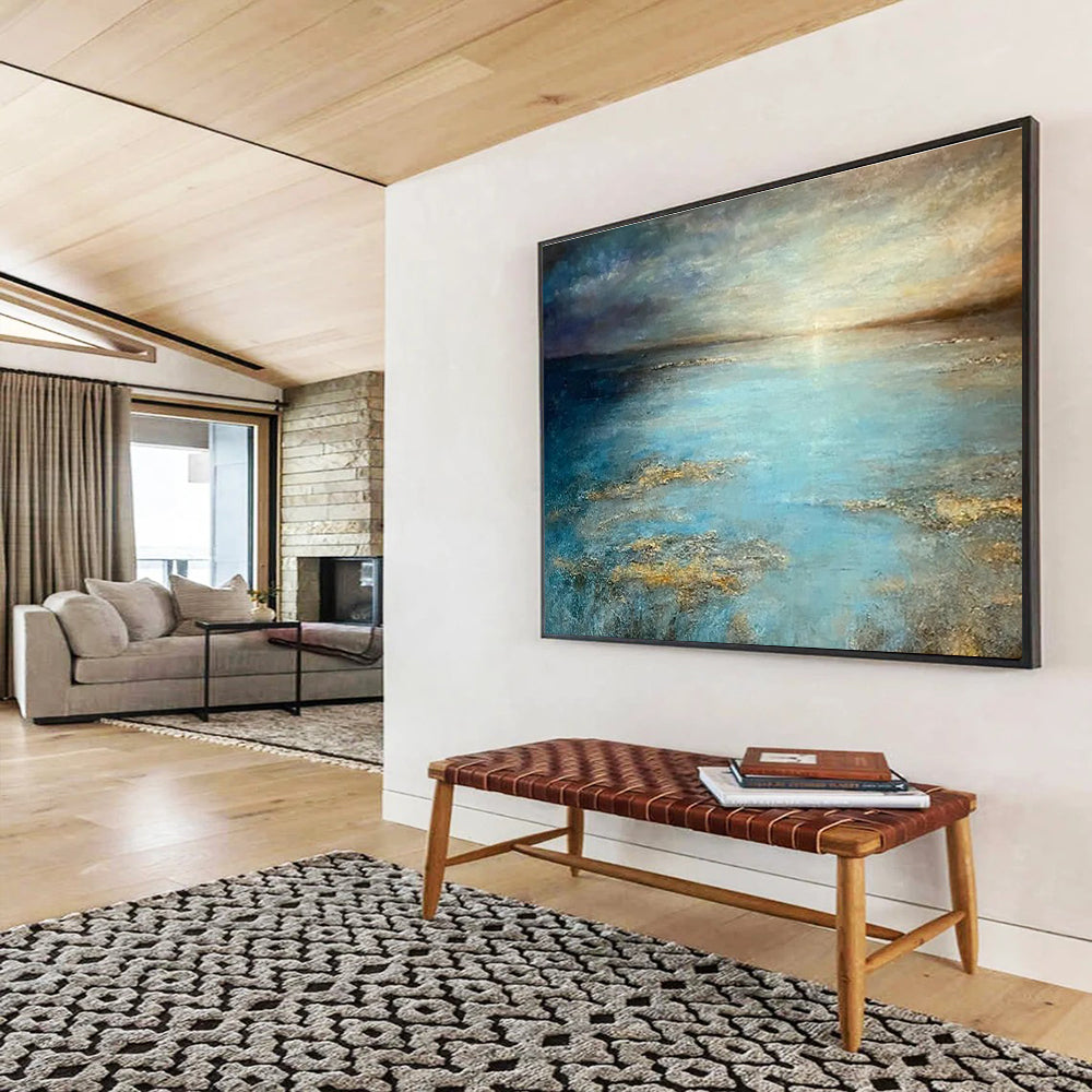 “Tranquil Blue Sea” - Blue, Gray & Gold Seascape, Impressionistic Oil Painting On Canvas DKS771