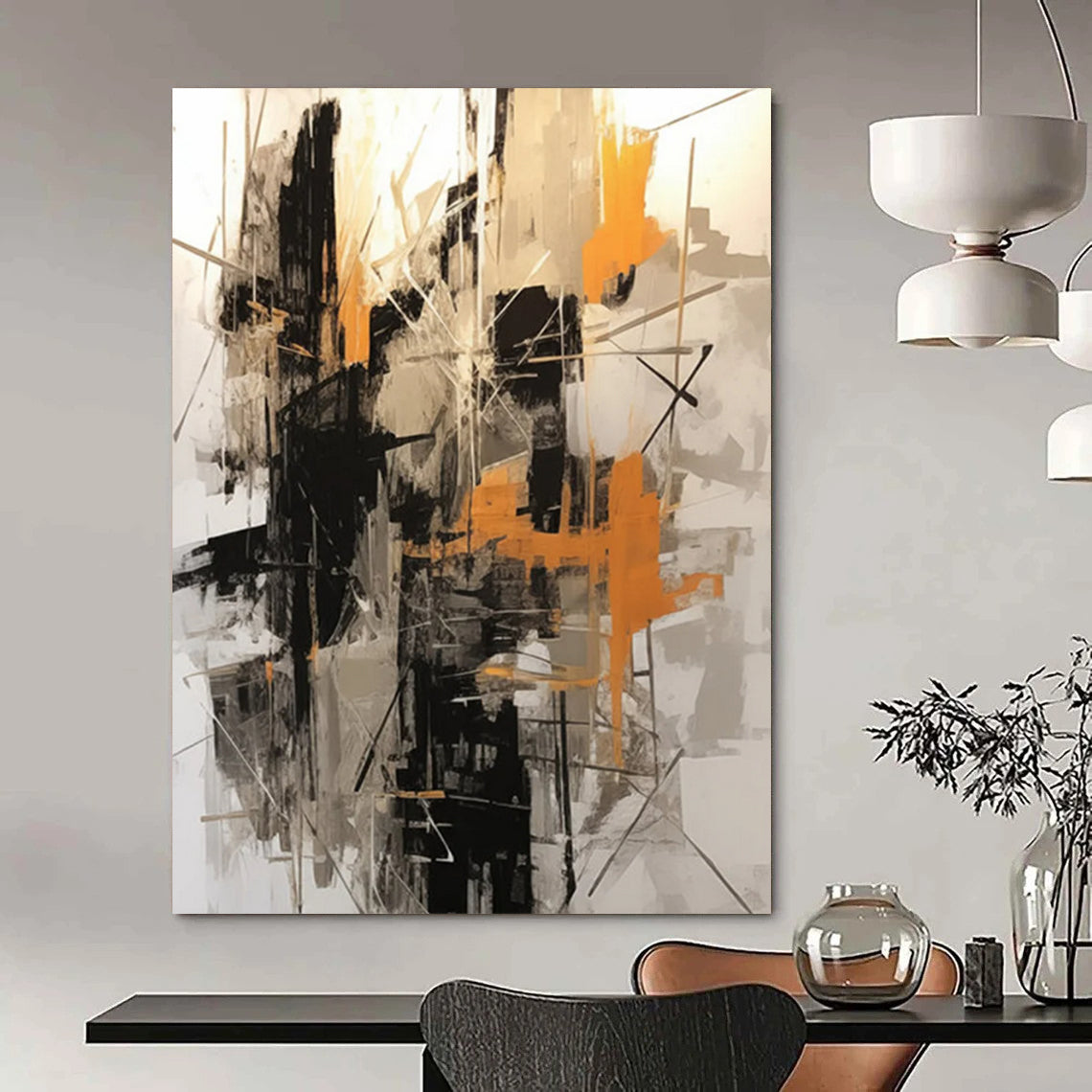 Black - Orange - Gray Abstract Web Painting On Canvas DS116