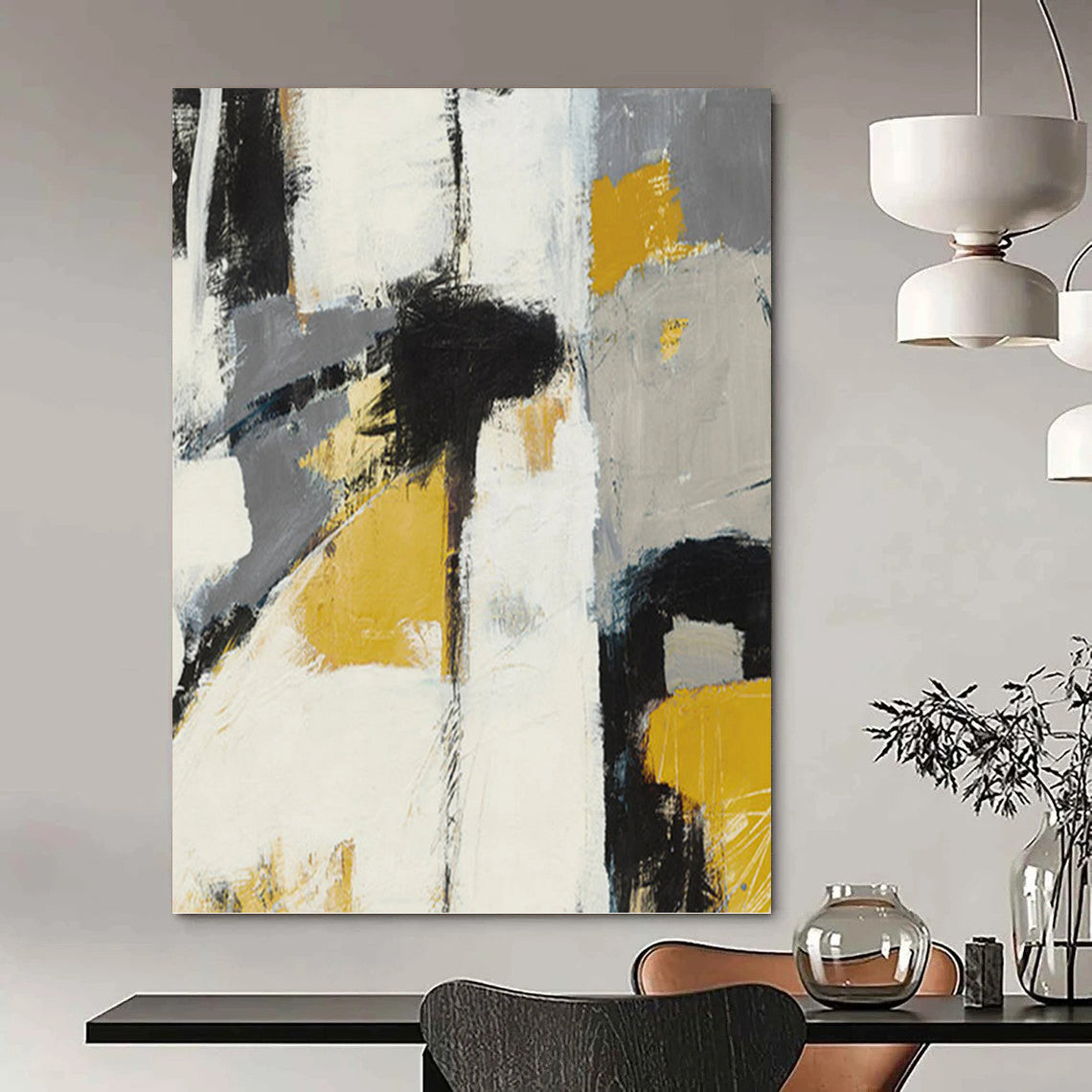 “Yellow, Gray, and Black Abstract” - Abstract, Bold - Colored Painting On Canvas PT1525