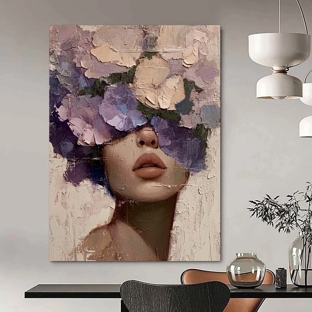 “Purple, Pink, and Beige Floral Face” - Romantic Figurative Painting On Canvas DS329