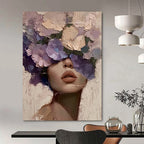 “Purple, Pink, and Beige Floral Face” - Romantic Figurative Painting On Canvas DS329