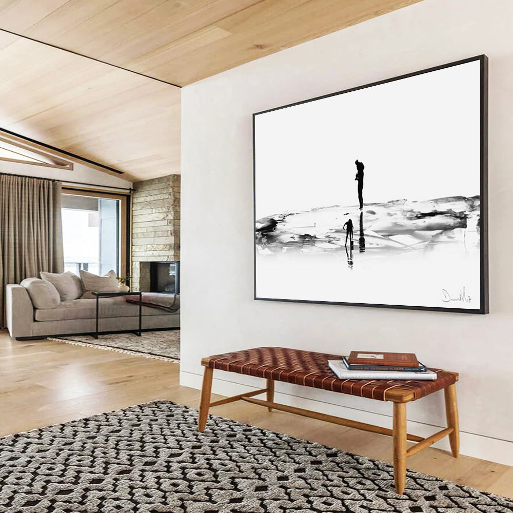 “Black and White Silhouette Beach Scene” - Monochromatic Figurative Painting On Canvas PT114