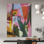 Pink, Green, Blue, Yellow with Playful Forms "Botanical Rhapsody" Abstract Painting On Canvas PS1410