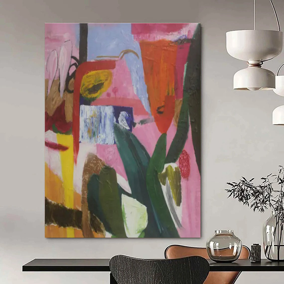 Pink, Green, Blue, Yellow with Playful Forms "Botanical Rhapsody" Abstract Painting On Canvas PS1410