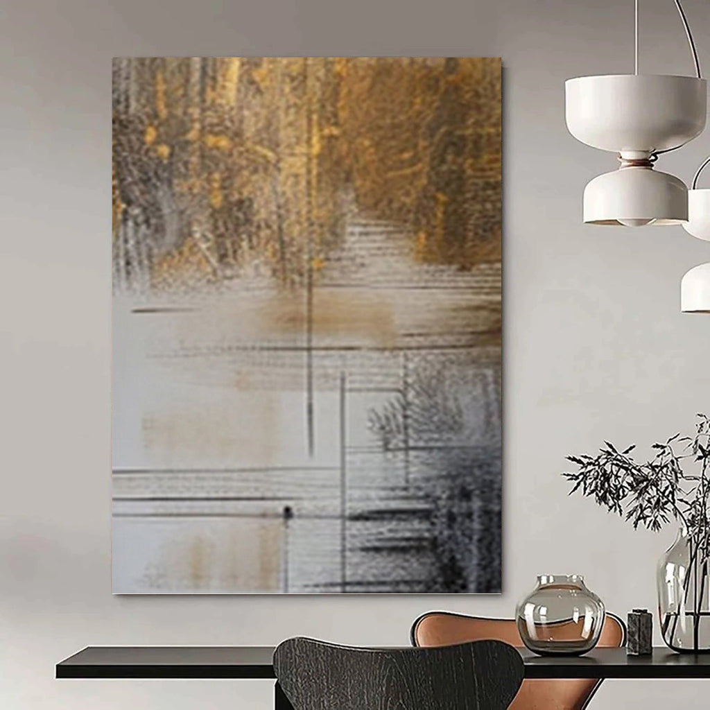 “Brown, Gold and White Linear Abstract” - Luxe Modernist Painting On Canvas PT0980