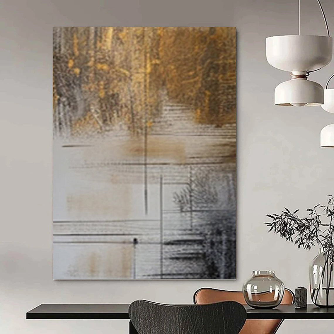 “Brown, Gold and White Linear Abstract” - Luxe Modernist Painting On Canvas PT0980
