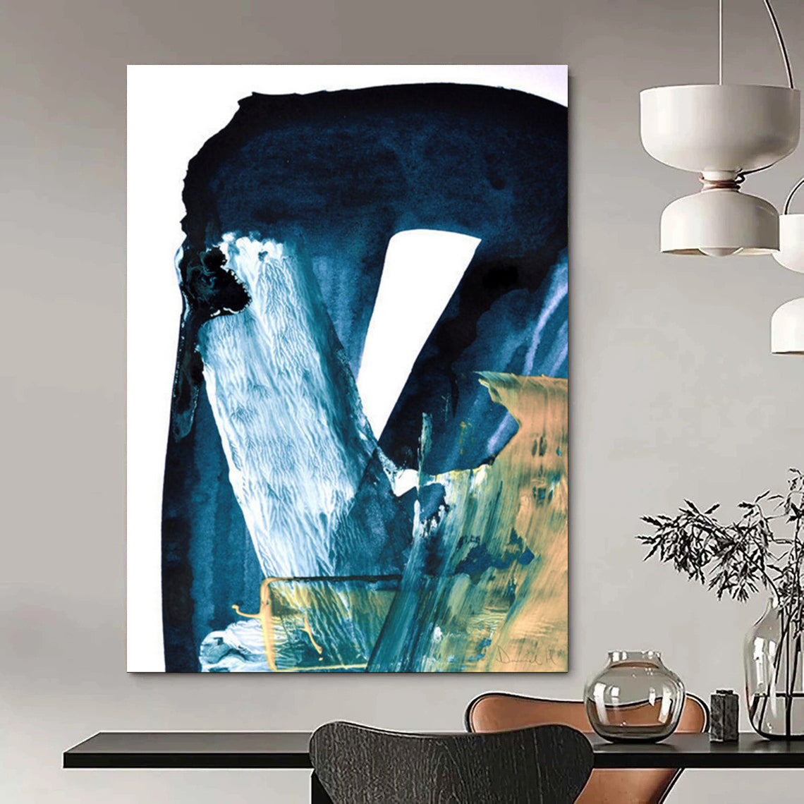 “Blue & Gold Abstract Fusion” - Deep Blues & Metallic Accents Painting On Canvas DS190