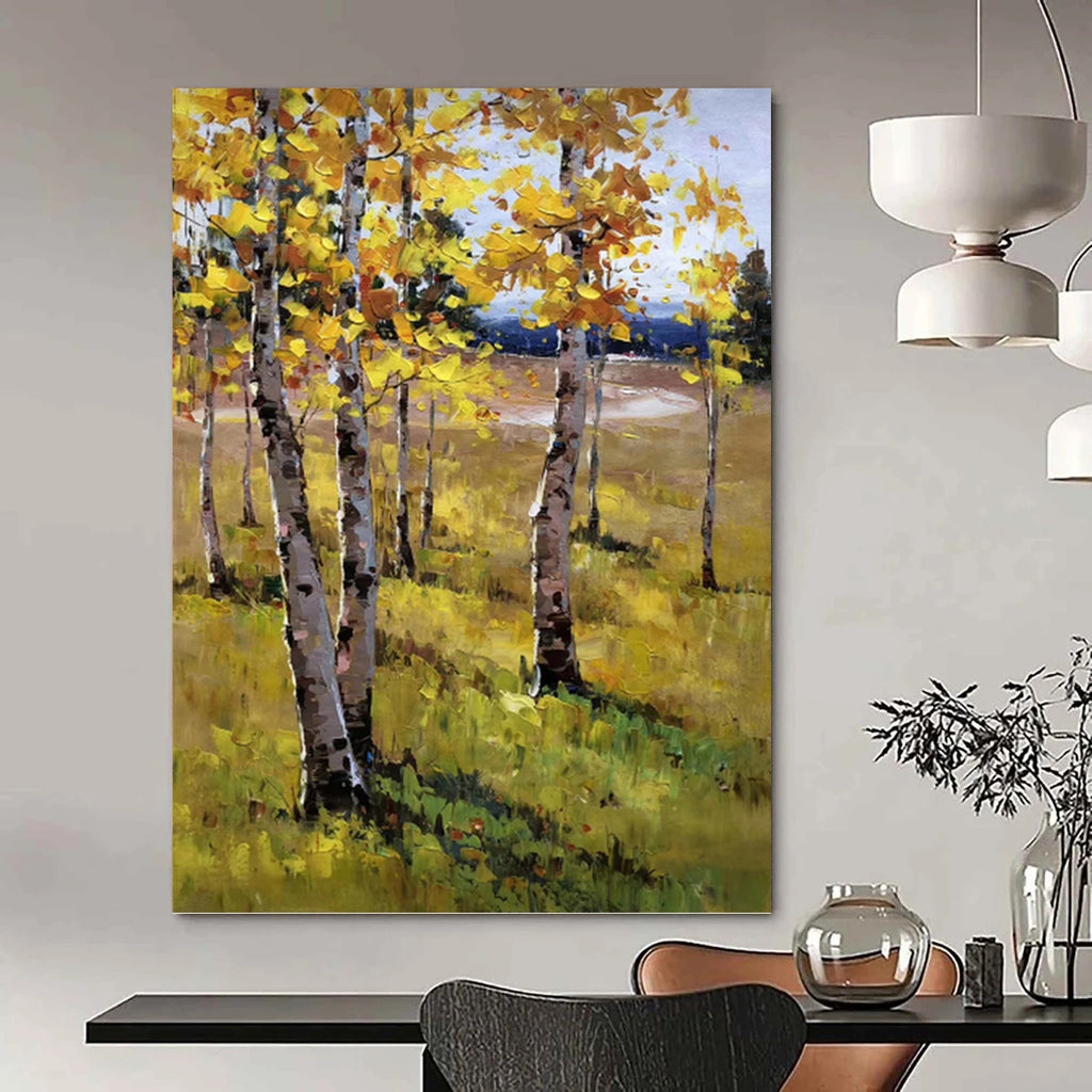 “Yellow - Green Autumn Birch Field” - Impasto Landscape Painting On Canvas PT1284