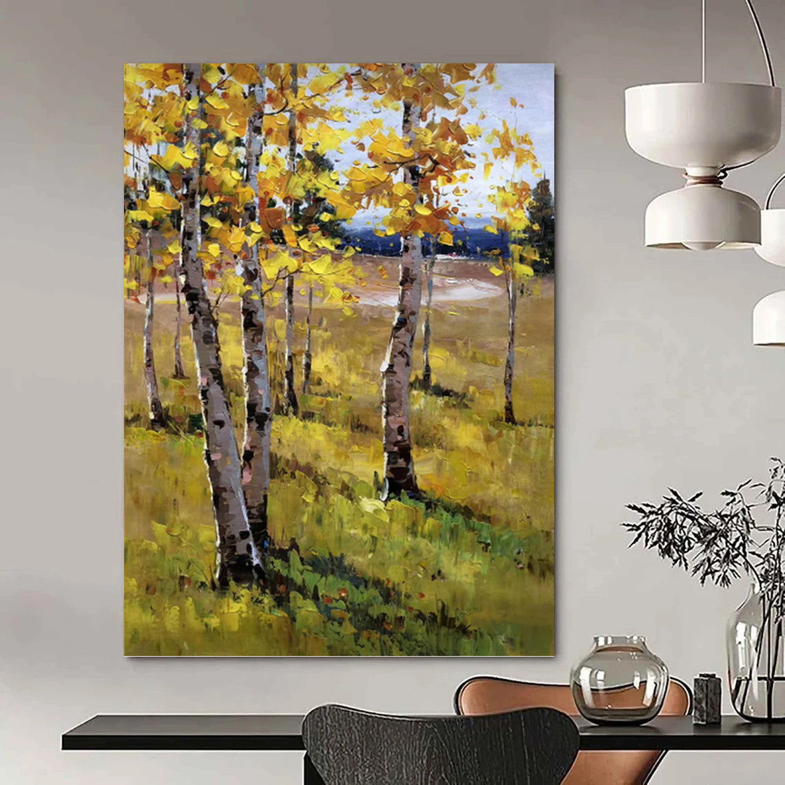 “Yellow - Green Autumn Birch Field” - Impasto Landscape Painting On Canvas PT1284