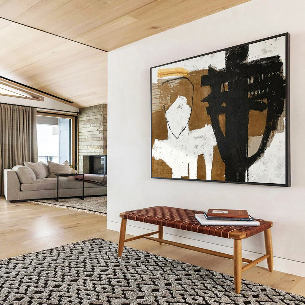 “Black - White - Brown Abstract Figures” - Monochromatic “Minimalist Forms” Painting On Canvas PT1655