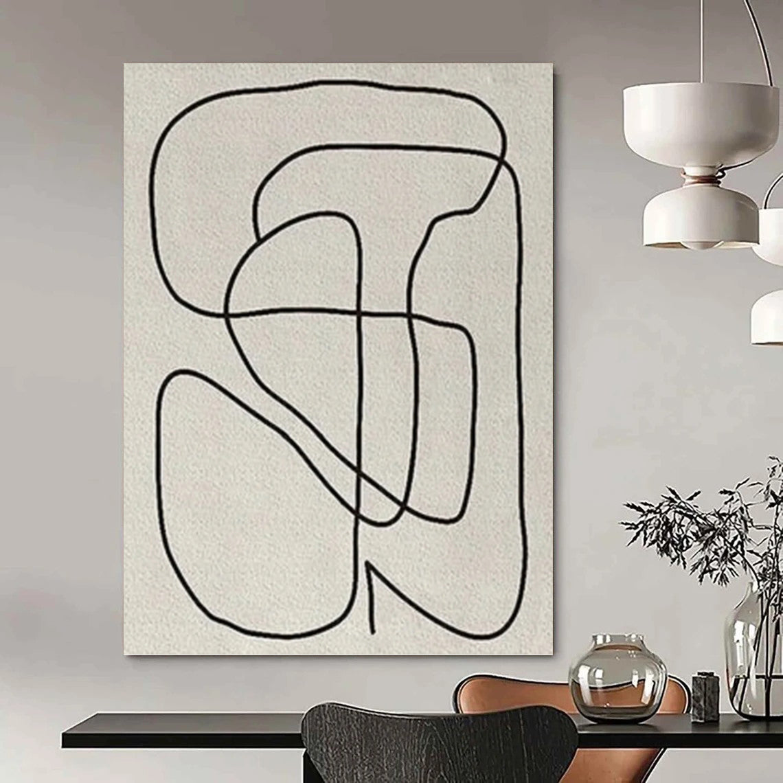 “Black Curved Lines on Beige” - Minimalist Line Art Painting On Canvas PT1136