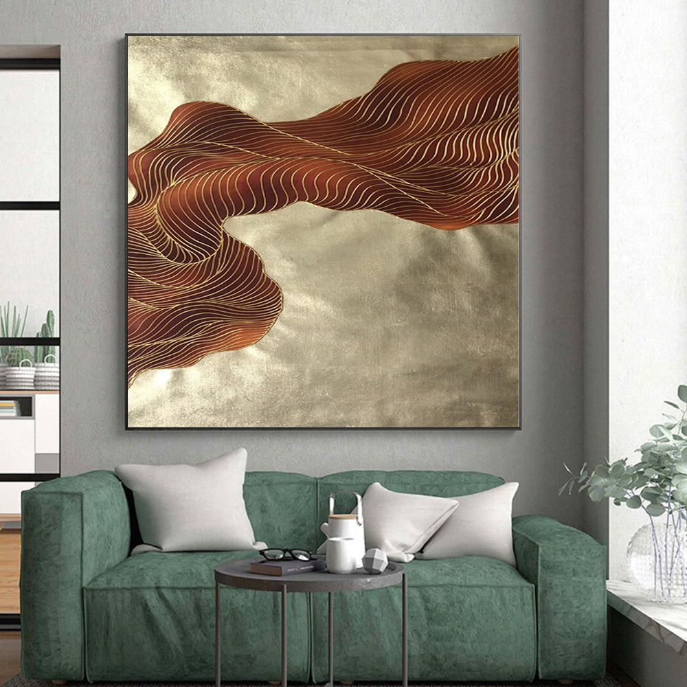 “Brown - Gold Abstract Flowing Ribbons” - Opulent Abstract Painting On Canvas PS0347