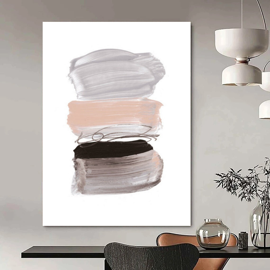 “Pastel Paint Strokes” - Soft Gray, Blush & Black Layers Painting On Canvas DS184