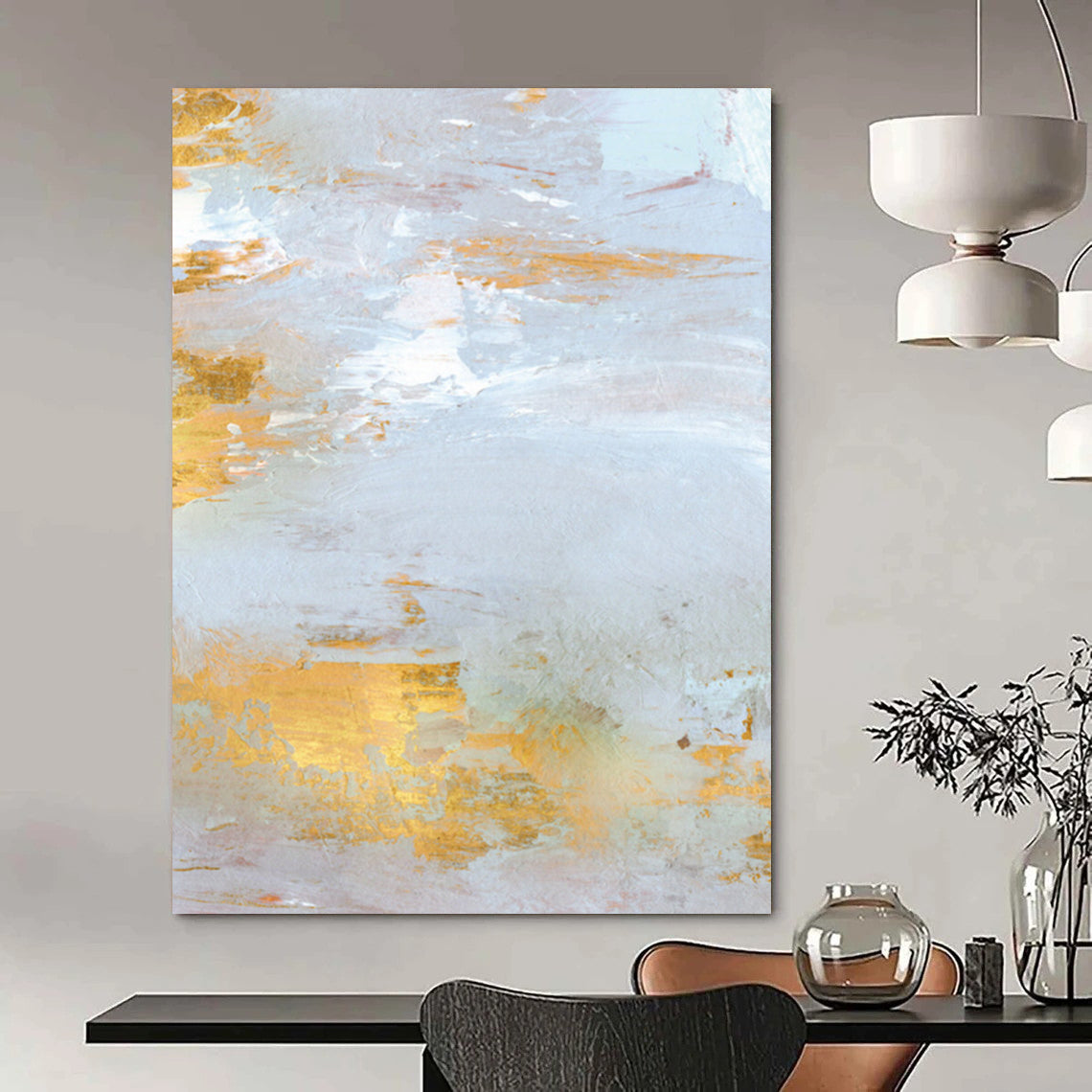 “Gold - Accented Coastal” - Light Gray & Shimmering Gold Seascapes Painting On Canvas DS160