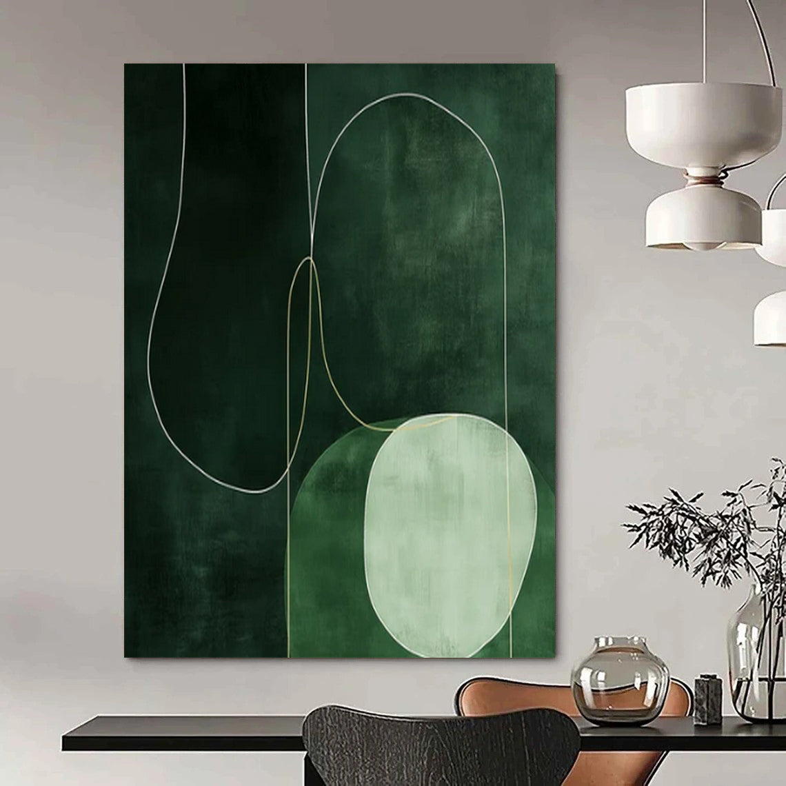 Green and White Abstract Lines, "Emerald Curves" – Abstract Line - Art Painting On Canvas PS0937