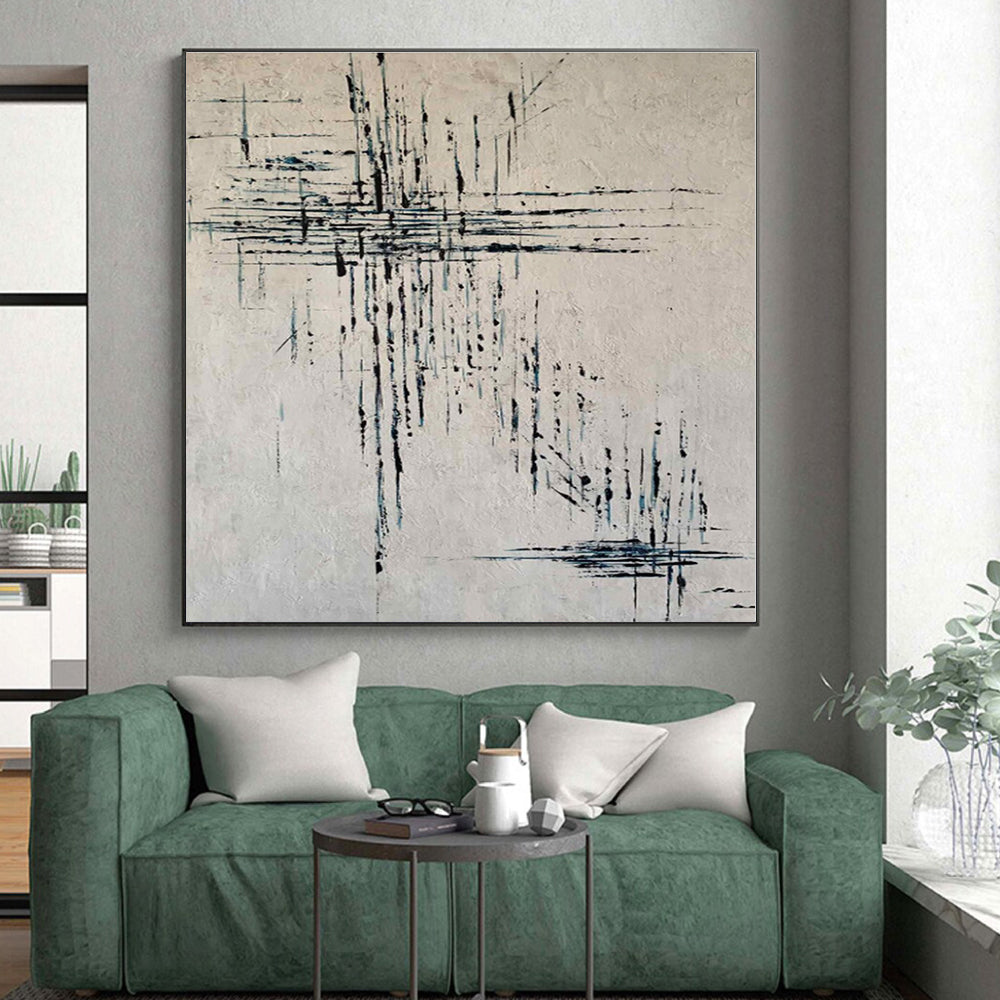 “Black - Blue Abstract Lines” - Black, Blue Abstract Painting On Canvas PS0454