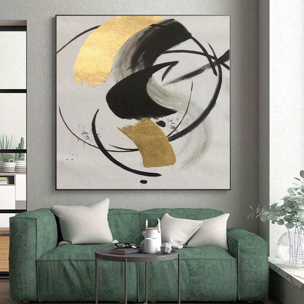 “Black - Gold Abstract Circular Shapes” - Minimalist Abstract Painting On Canvas PS0293
