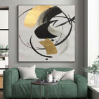 “Black - Gold Abstract Circular Shapes” - Minimalist Abstract Painting On Canvas PS0293