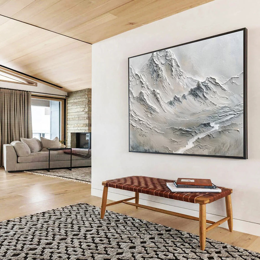 “Monochrome Textured Mountains” - Minimalist Sculptural Painting On Canvas DKS457