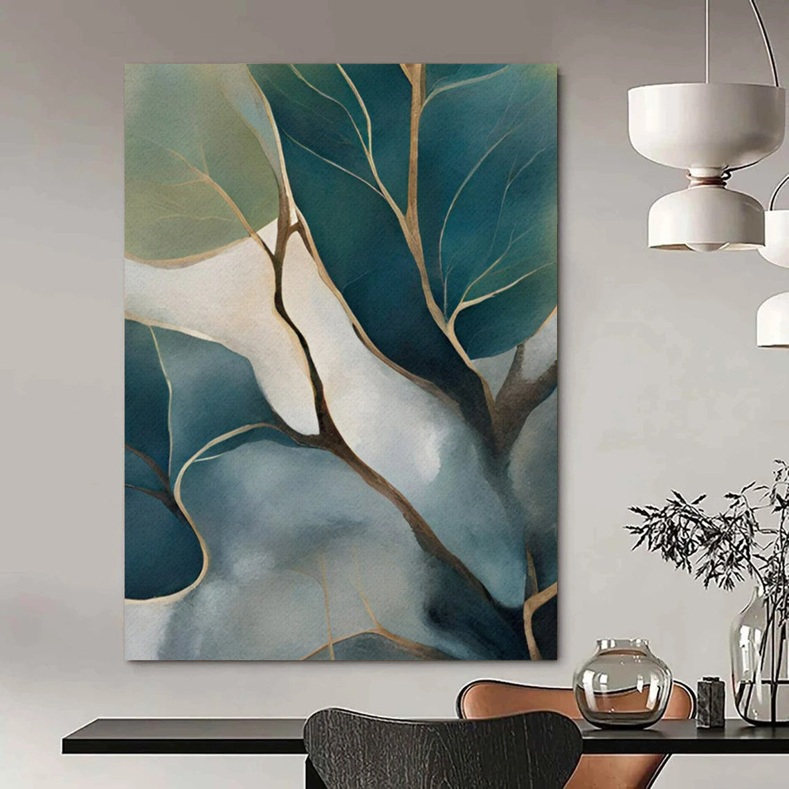 “Teal and Gold Leafy Branches” - Botanical Watercolor - Style Painting On Canvas PT2253