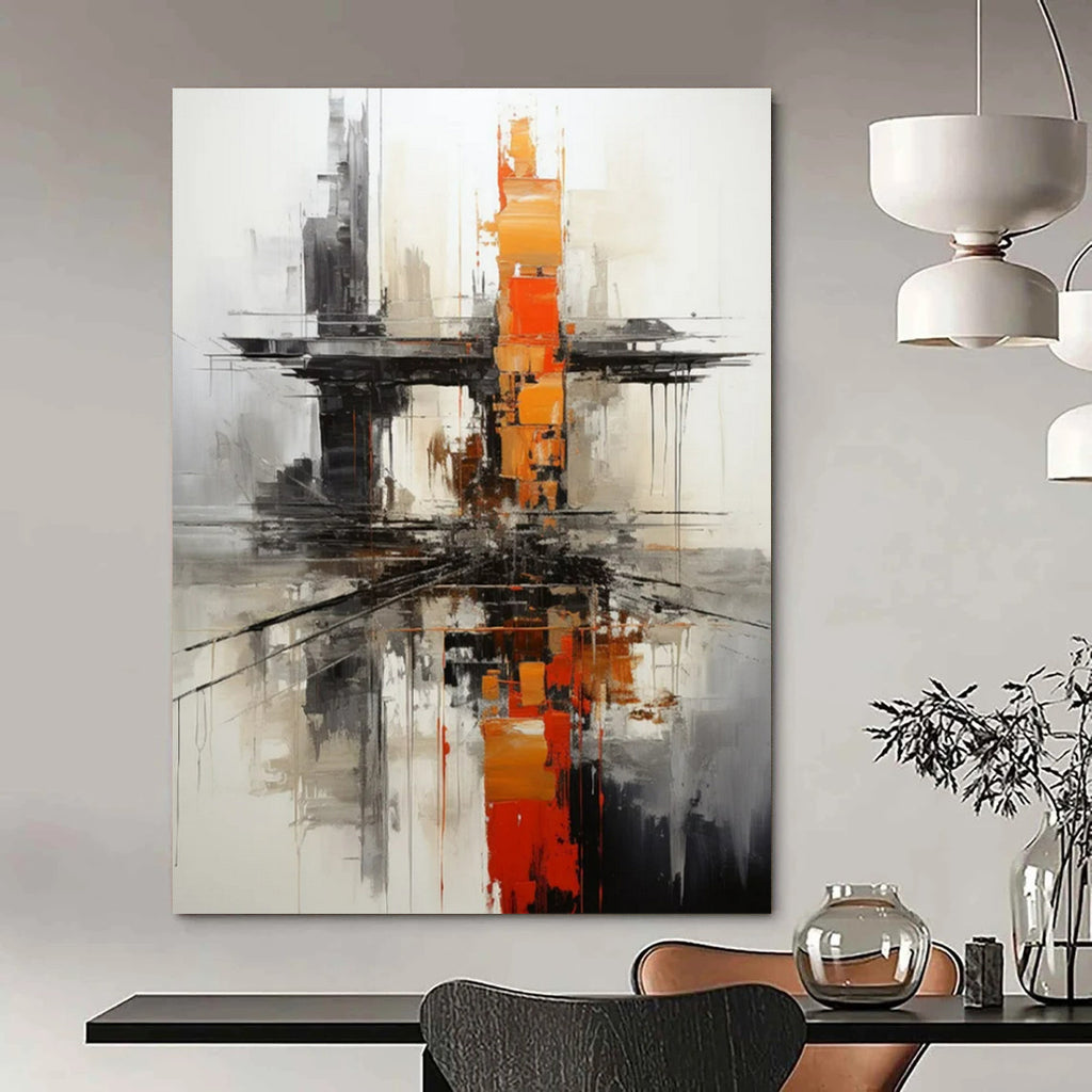“Urban Abstract in Gray, Black, and Orange” - Industrial Abstract Painting On Canvas PT2265
