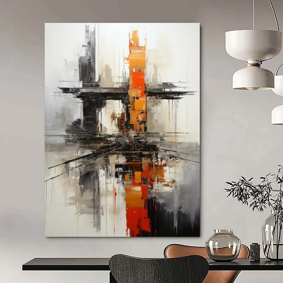“Urban Abstract in Gray, Black, and Orange” - Industrial Abstract Painting On Canvas PT2265
