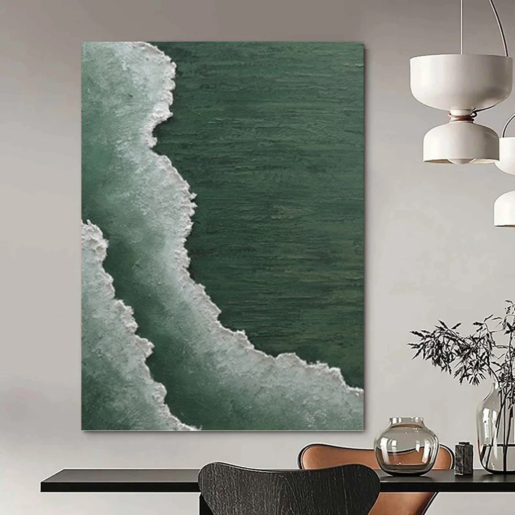 “Green and White Coastal Waves” - Seascape, Green - and - White Painting On Canvas PT1501