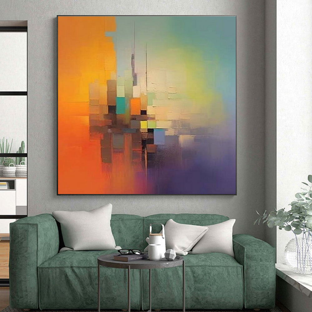 “Color - Blocked Cityscape” - Orange, Green, Blue, Purple Abstract Cityscape Painting On Canvas PS0691