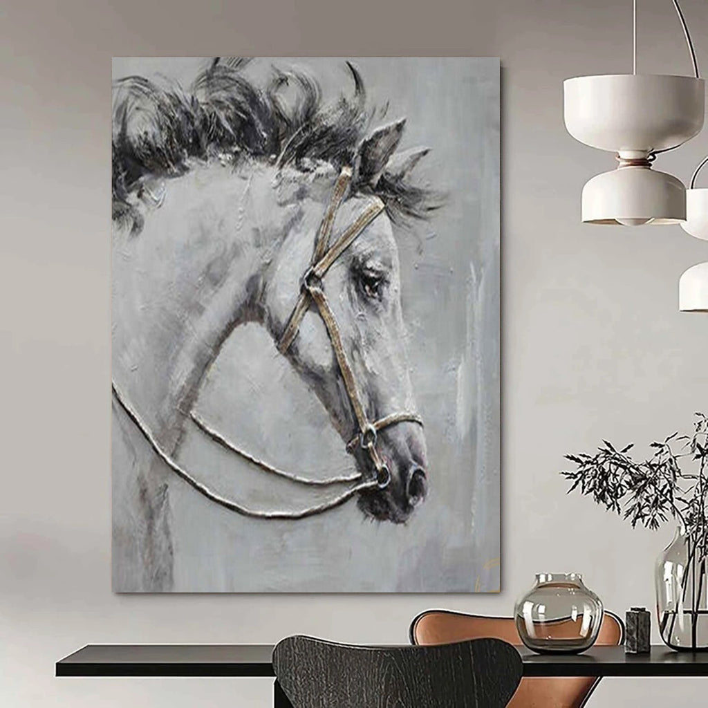 “Gray Horse with Bridle” - Textured Oil Painting On Canvas PT2179