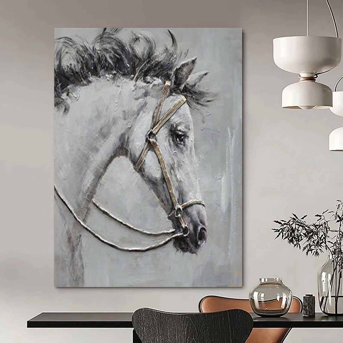 “Gray Horse with Bridle” - Textured Oil Painting On Canvas PT2179