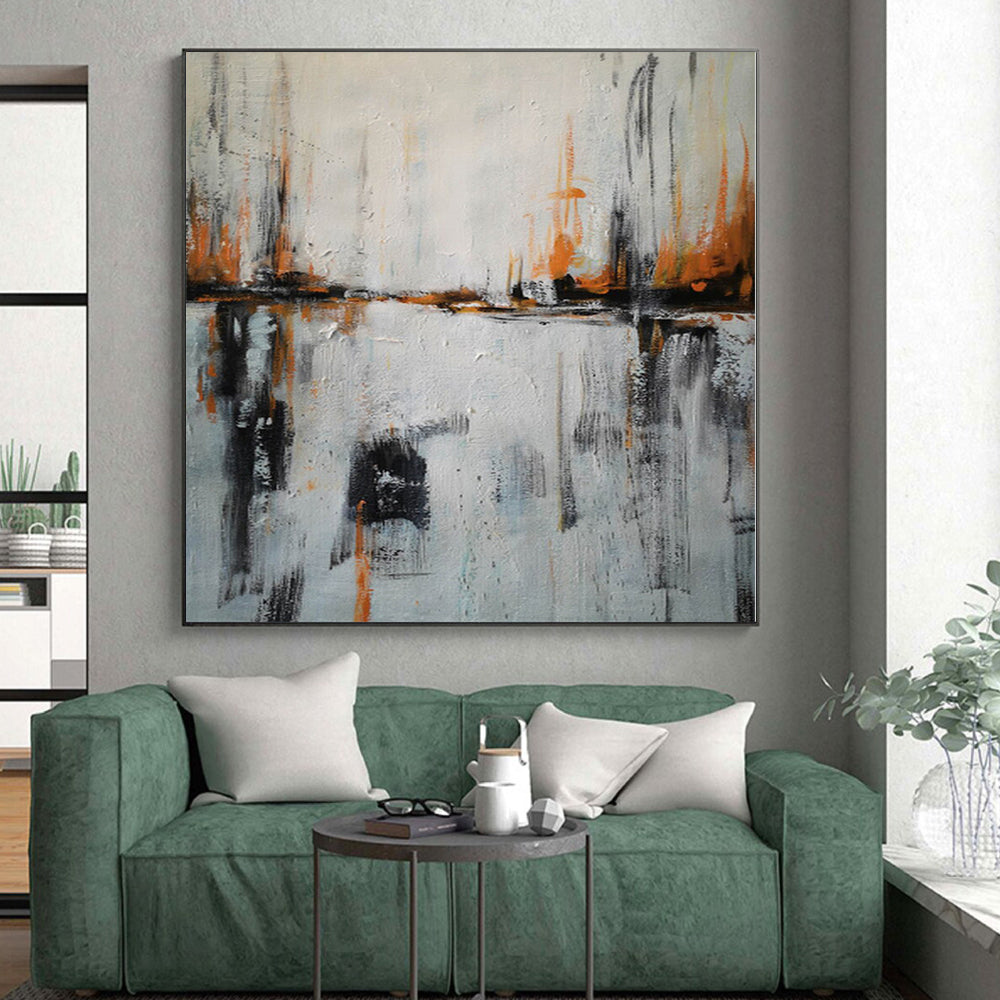 “Orange Reflection” - Gray, Orange Abstract River Scene Painting On Canvas PS0384